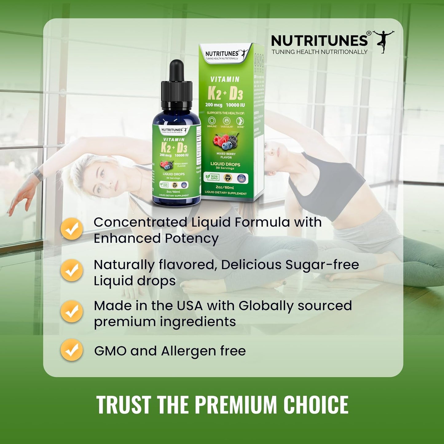 Nutritunes K2 D3 Liquid Drops - Vitamin D3 10,000 IU & Vitamin K2 200 mcg, Mixed Berry, 2 oz - görsel 4