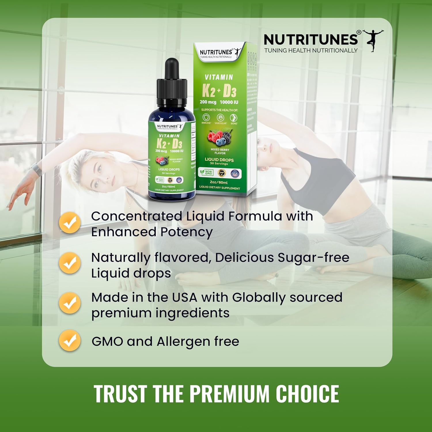 Nutritunes K2 D3 Liquid Drops - Vitamin D3 10,000 IU & Vitamin K2 200 mcg, Mixed Berry, 2 oz - görsel 4