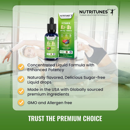 Nutritunes K2 D3 Liquid Drops - Vitamin D3 10,000 IU & Vitamin K2 200 mcg, Mixed Berry, 2 oz