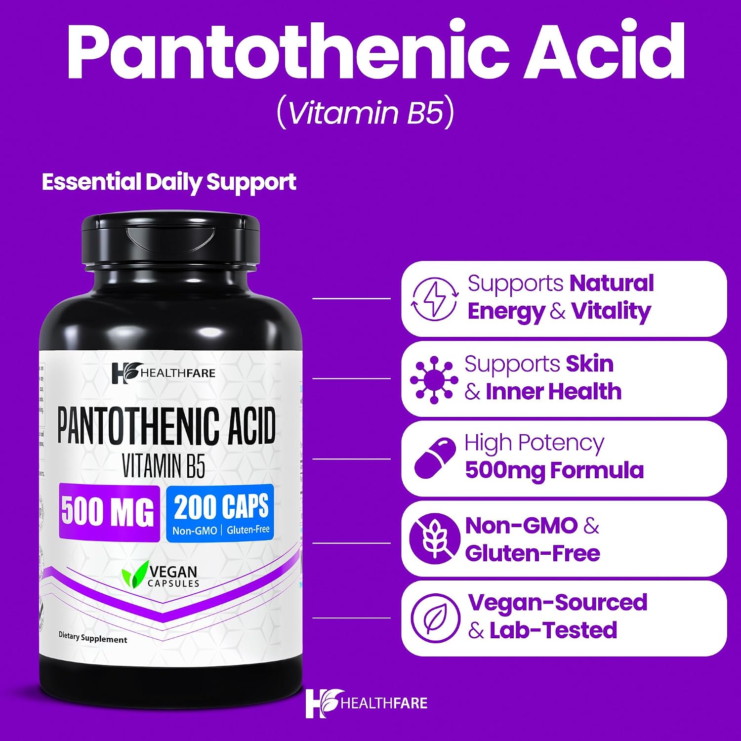 Healthfare Pantothenic Acid 500mg Vitamin B5 Supplement – 200 Vegan Capsules – Extra Strength Energy & Metabolism Support – Non-GM, Gluten free – Manufactured in the USA - görsel 2