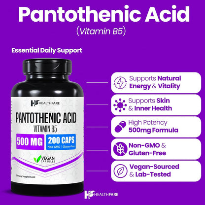 Healthfare Pantothenic Acid 500mg Vitamin B5 Supplement – 200 Vegan Capsules – Extra Strength Energy & Metabolism Support – Non-GM, Gluten free – Manufactured in the USA