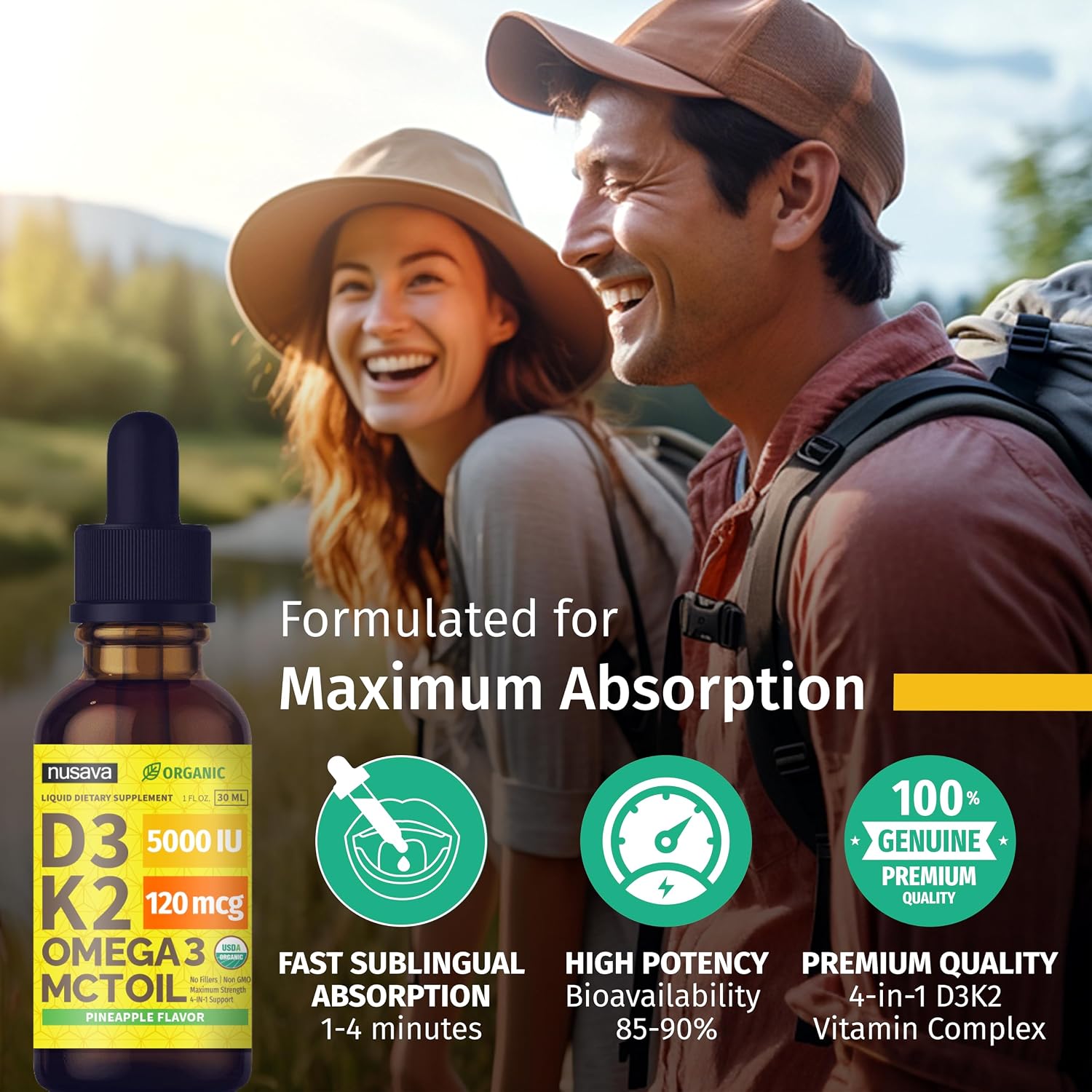 (2 Pack) Organic Vitamin D3 K2 Drops with MCT Oil & Omega 3 - Liquid Vitamin D3 5000 IU - K2 D3 Vitamin Supplement - Vitamin D Drops for Women & Men - No Fillers, Non-GM, GMP, Pineapple (60 mL) - görsel 7