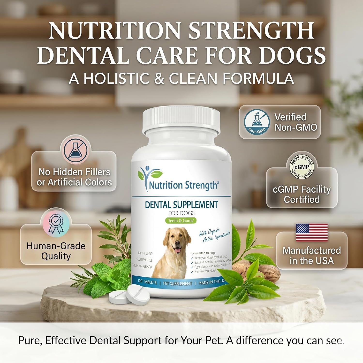 Nutrition Strength Dental Care for Dogs - Natural Plaque & Tartar Remover for Teeth - Fresh Breath Dog Supplement with Organic Kelp, Strawberry Leaf & Pumpkin Seed for Gum Health - 120 Tablets - görsel 6