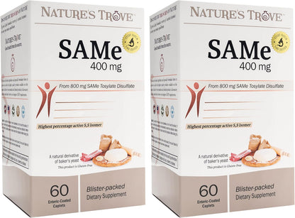 Nature's Trove SAM-e 400mg 90 Enteric Coated Caplets. Vegan, Kosher, Non-GM Project Verified, Soy-free, Gluten free - Cold Form Blister Packed.
