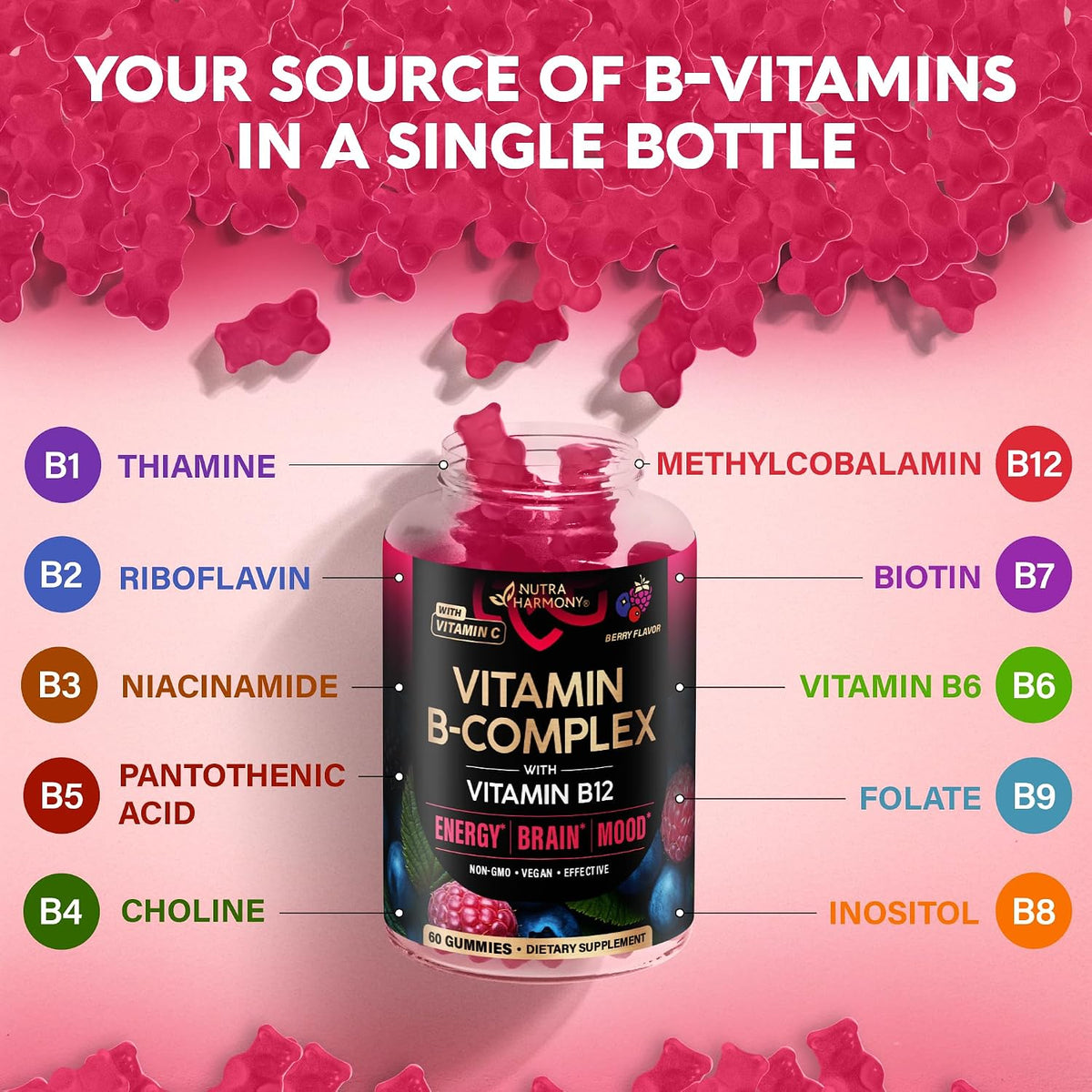 Vitamin B-Complex Gummies – Energy & Brain Support – Vegan – 60 Count – Image 6