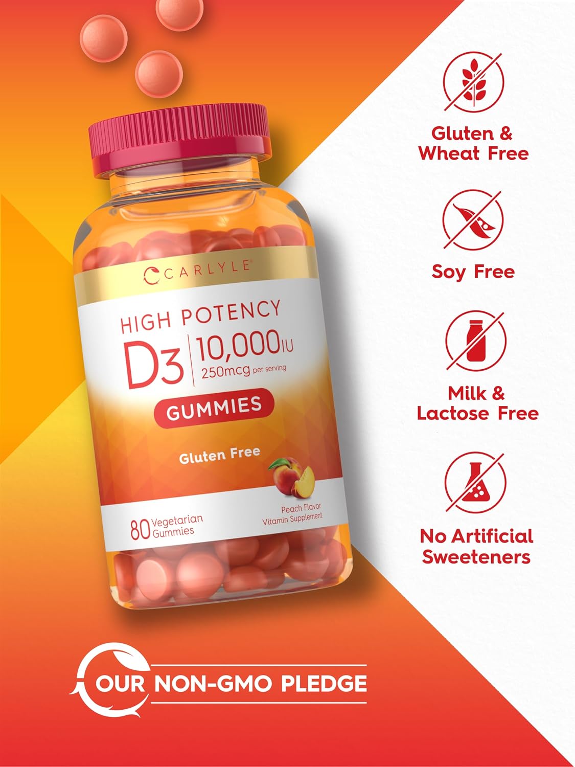 Carlyle Vitamin D3 10000 IU Gummies for Adults - 80 Count, Peach Flavoured, High Potency, Vegetarian, Non-GM, Gluten Free - görsel 5