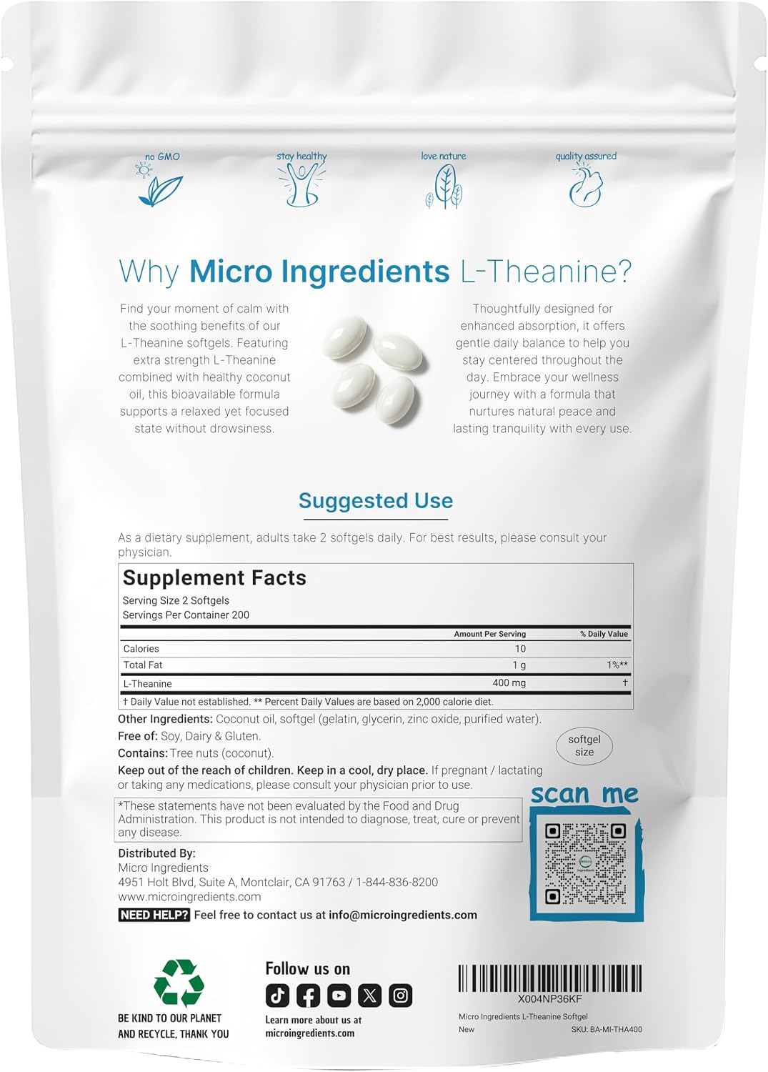 Micro Ingredients L-Theanine 400mg, 400 Soft-gels | Highly Bioavailable with Coconut Oil | Calm & Relaxation Support + Focus Supplement | Non-GM, Gluten Free - görsel 2