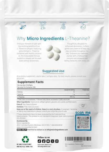 Micro Ingredients L-Theanine 400mg, 400 Soft-gels | Highly Bioavailable with Coconut Oil | Calm & Relaxation Support + Focus Supplement | Non-GM, Gluten Free
