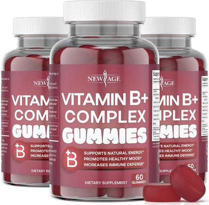 NEW AGE Vitamin B Complex Gummies with Vitamin B3, B6 & B12 – with Biotin, Folic Acid & Vitamin C – Gluten free, Vegan (180 Count (3-Pack))