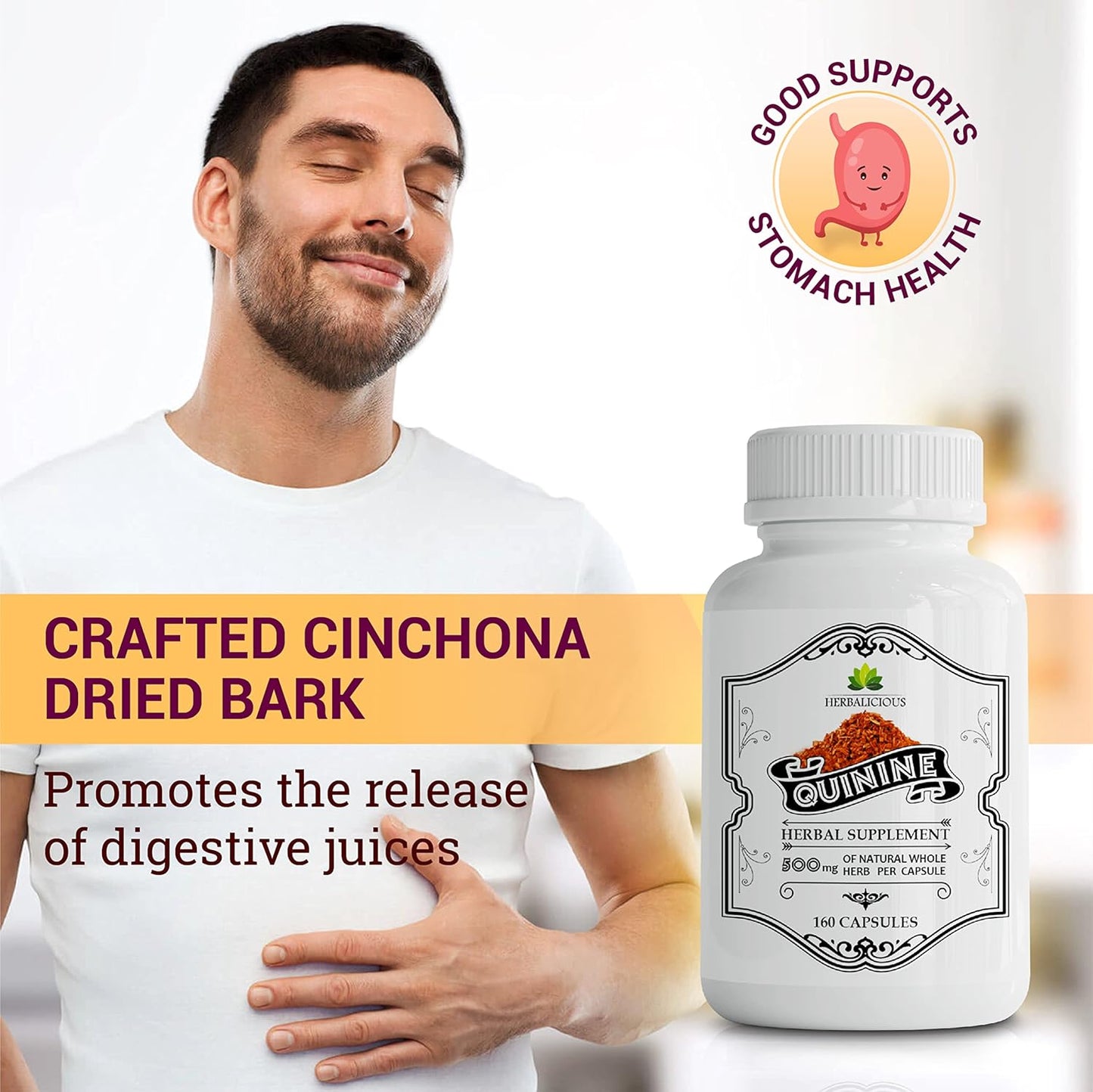 HERBALICIOUS Quinine Capsules - Cinchona Officinalis Bark Supplement for Leg Cramps & Digestive Health, 500mg, 160 Capsules - görsel 3