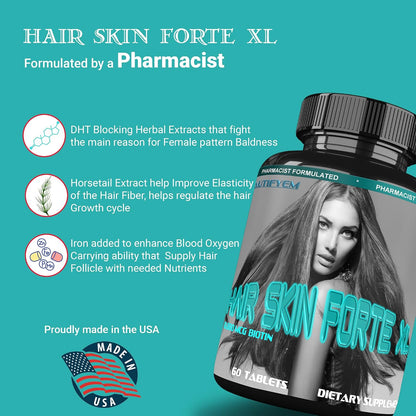 Hair Skin Forte XL Hair & Skin Growth Complex 10,000 mcg Biotin + Collagen Peptides - 60 Tablets