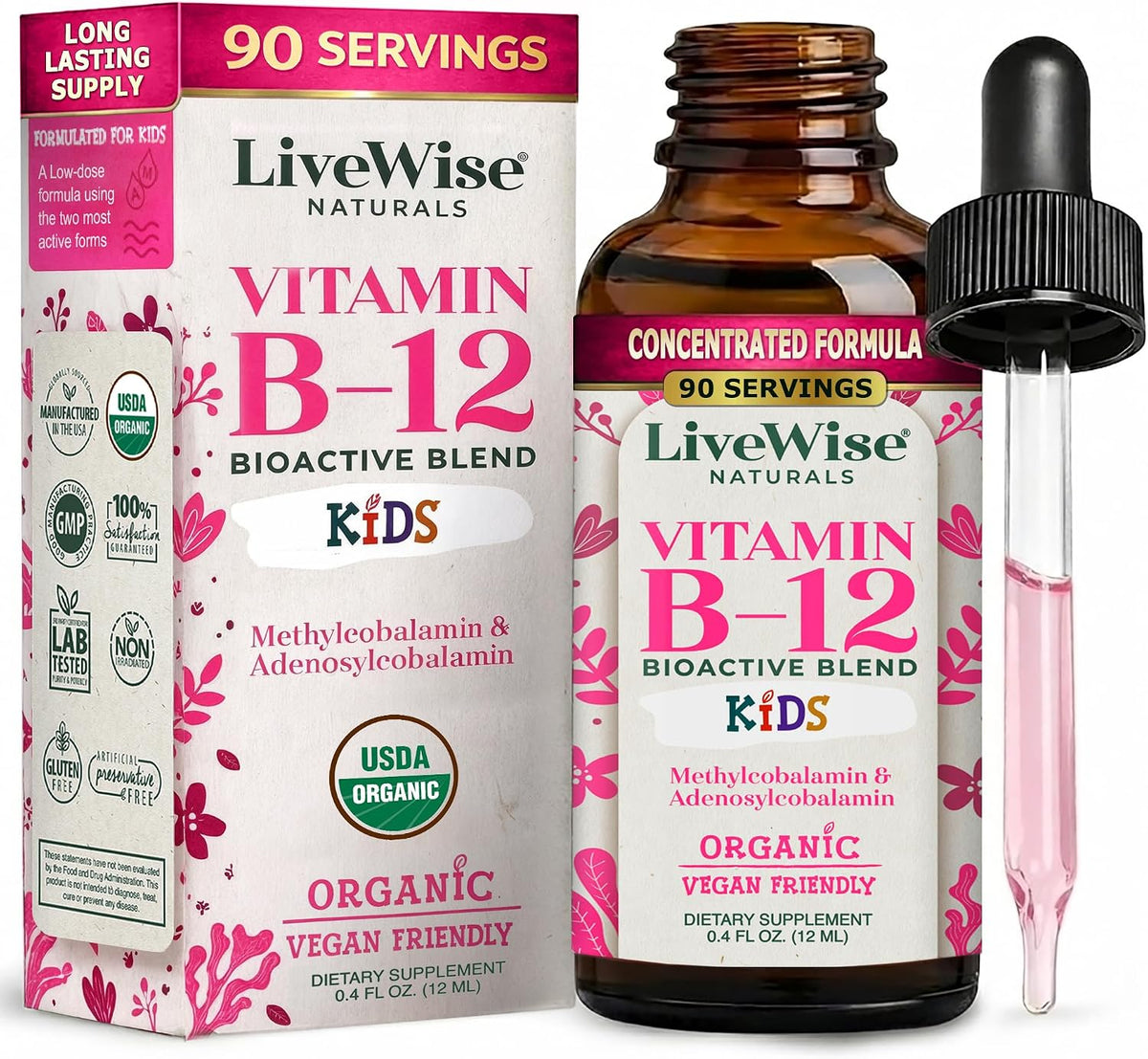 Live Wise Naturals Organic Vitamin B12 Liquid Drops for Kids, 12 mL – Image 1
