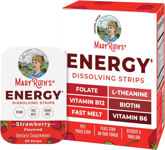 MaryRuth's Energy Dissolving Strips - B Vitamin Complex for Energy Metabolism, Strawberry, 30 Count – Image 1