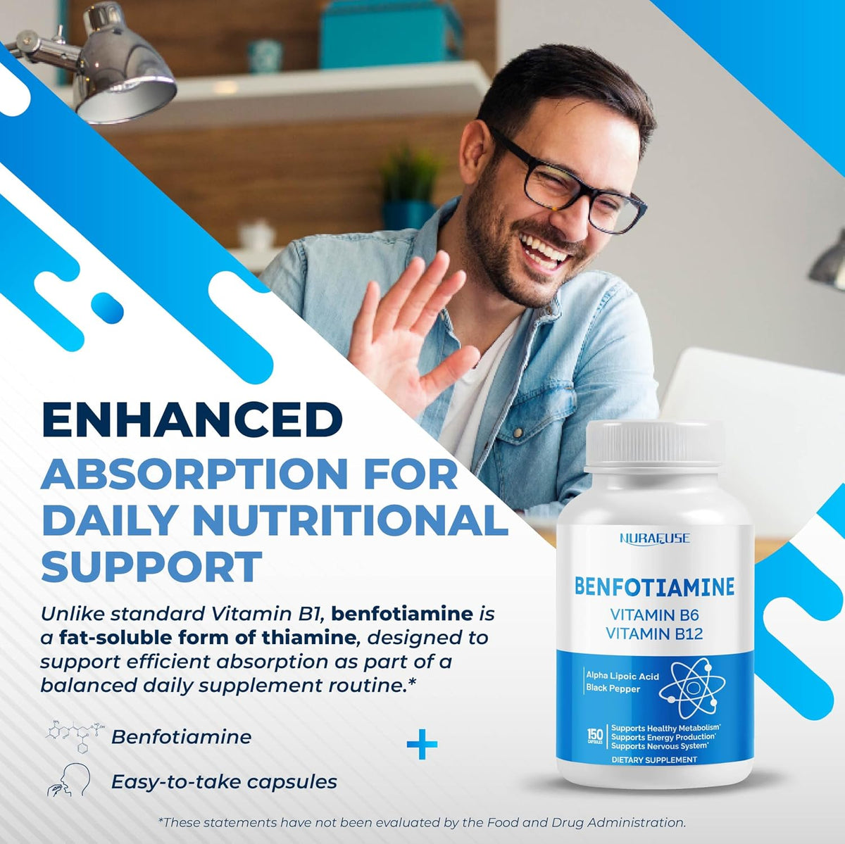 Benfotiamine Supplement, 6 Ingredients with Vitamin B6, Vitamin B12, Alpha Lipoic Acid, Healthy Metabolism, Energy – Image 2