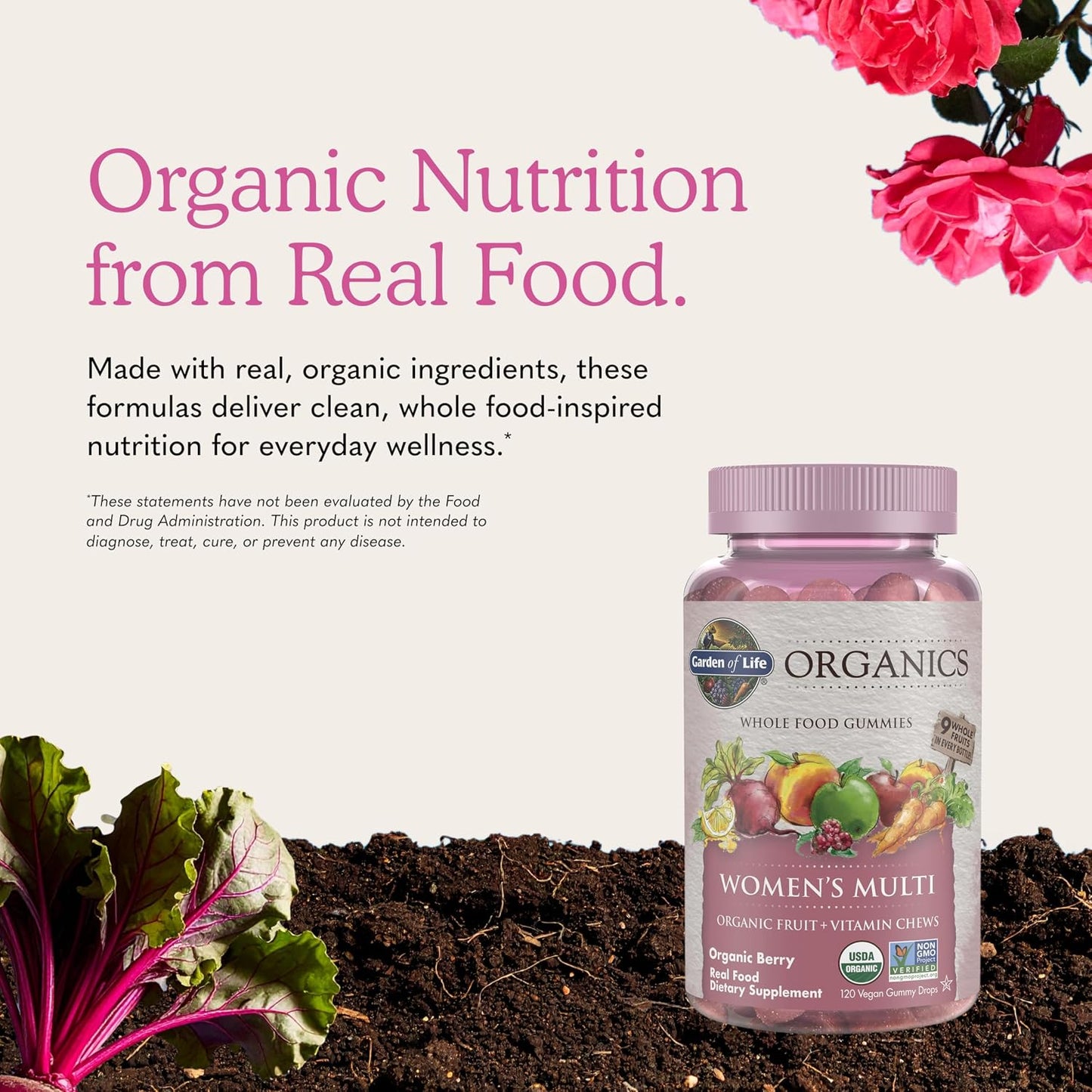 Garden of Life Organics Women's Gummies Vitamins – Multivitamin for Women with Methyl B12, C & D3, Certified Organic, Non-GM, Vegan, Berry Flavour, 120 Gummies - görsel 6