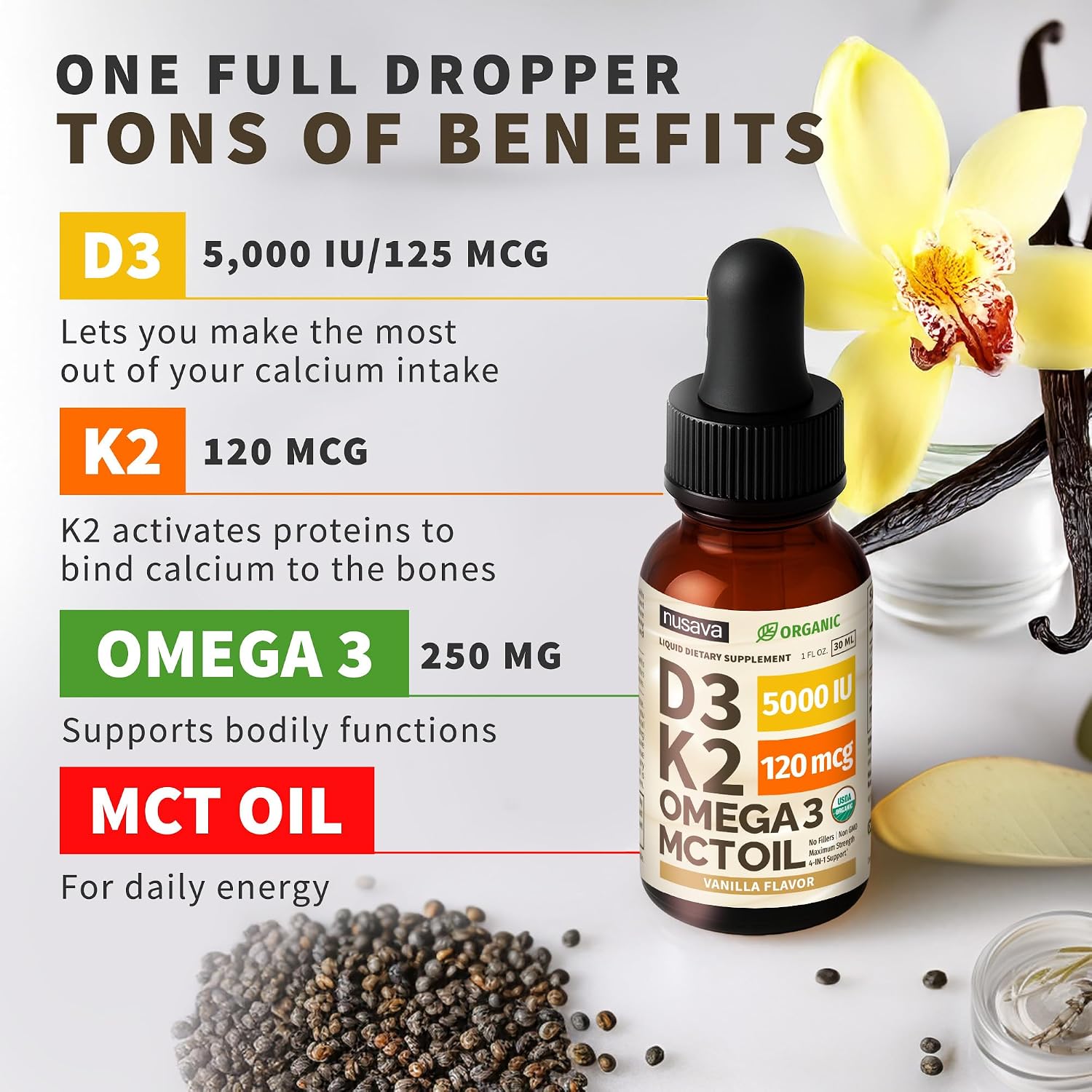 (2 Pack) Organic Vitamin D3 K2 Drops with MCT Oil & Omega 3 - Liquid Vitamin D3 5000 IU - K2 D3 Vitamin Supplement - Vitamin D Drops for Women & Men - No Fillers, Non-GM, GMP, Vanilla (2 Fl Oz) - görsel 3