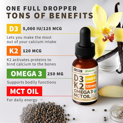 (2 Pack) Organic Vitamin D3 K2 Drops with MCT Oil & Omega 3 - Liquid Vitamin D3 5000 IU - K2 D3 Vitamin Supplement - Vitamin D Drops for Women & Men - No Fillers, Non-GM, GMP, Vanilla (2 Fl Oz)