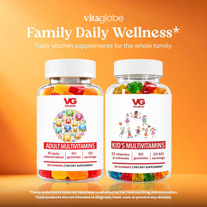 VITA GLOBE Adult Multivitamin Gummies – 9 Daily Vitamins with C, D, E, B6, B12, Folate & Biotin, Orange, Peach & Strawberry Flavours, Immune Support Supplement, 60 Gummies