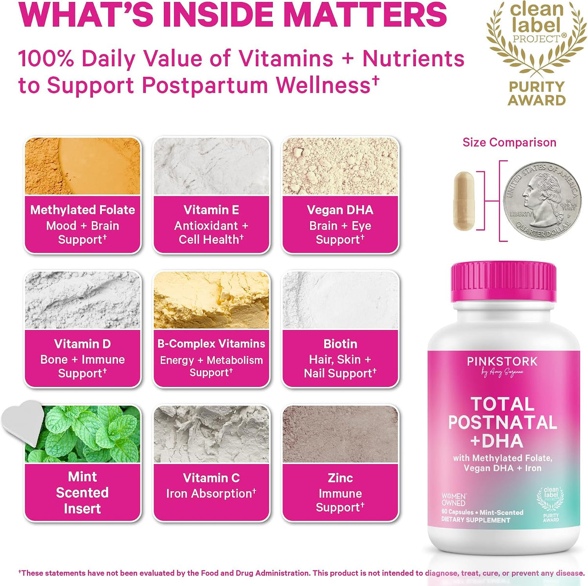 Pink Stork Total Postnatal Vitamins for Women's | Vegan Algae DHA, Methylated Folate, Iron, B12 | Postpartum Recovery + – Image 2
