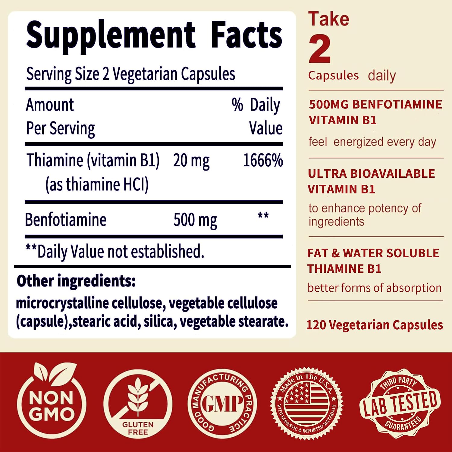 Vitamin B1 500mg with Benfotiamine Supplement - 120 Capsules - görsel 2