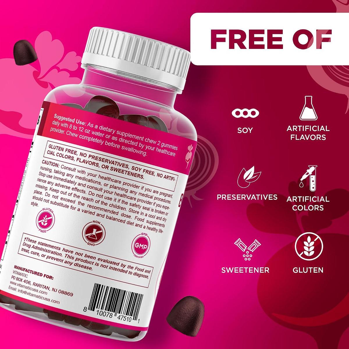 Vitamatic Beetroot Gummies with B6, B12, Grape Seed, Pomegranate & Nicotinamide - Vegan, Non-GM, 60 Count – Image 7