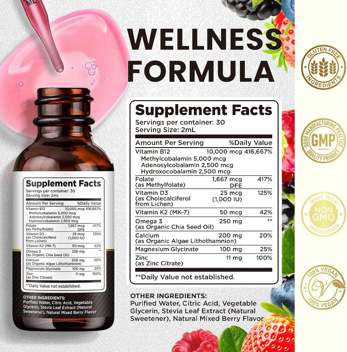 Vitamin B12 Complex 10000 mcg | Vegan Triple Liquid B-12 Drops | Methylcobalamin & Adenosylcobalamin & Hydroxo Blend for – Image 3