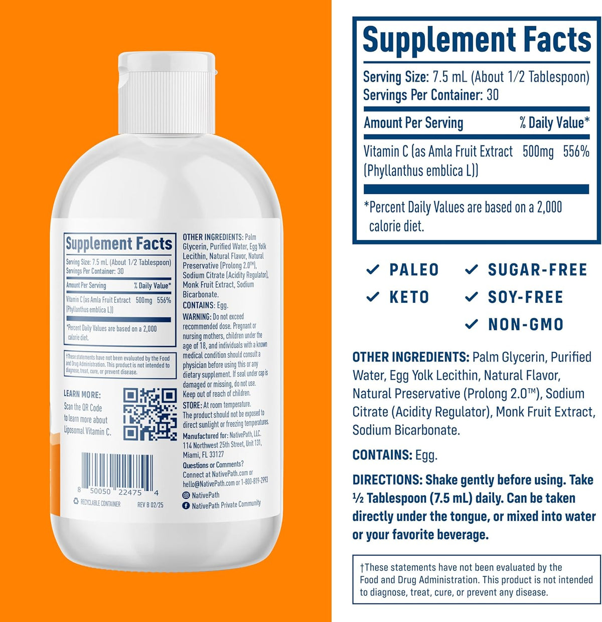 NativePath Liposomal Vitamin C 500mg from Wholefood Amla Fruit - Soy-Free Egg Yolk Lecithin Liposomes - Orange Flavour – Image 2