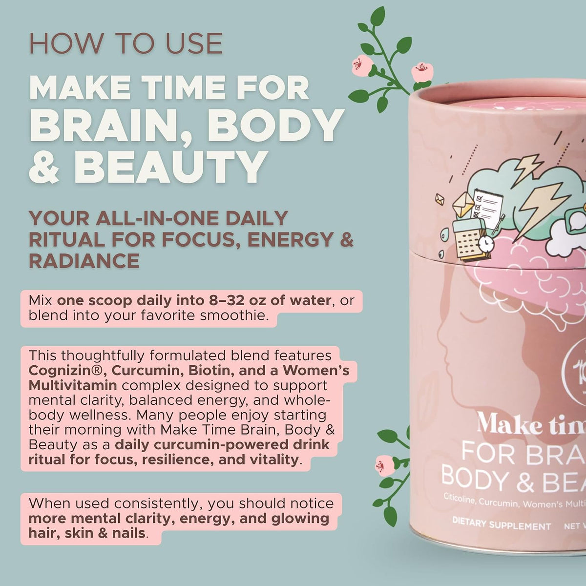 MAKE TIME Brain Health Powder Supplement for – Vitamin B6 and B12 : These vitamins contribute to normal – Image 4