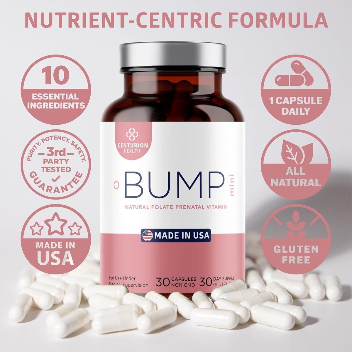 Centurion Health Bump Mini Complete Prenatal Vitamins for Women's with Folate, Choline, Carbonyl Iron, Zinc, Vitamin D3 and – Image 7