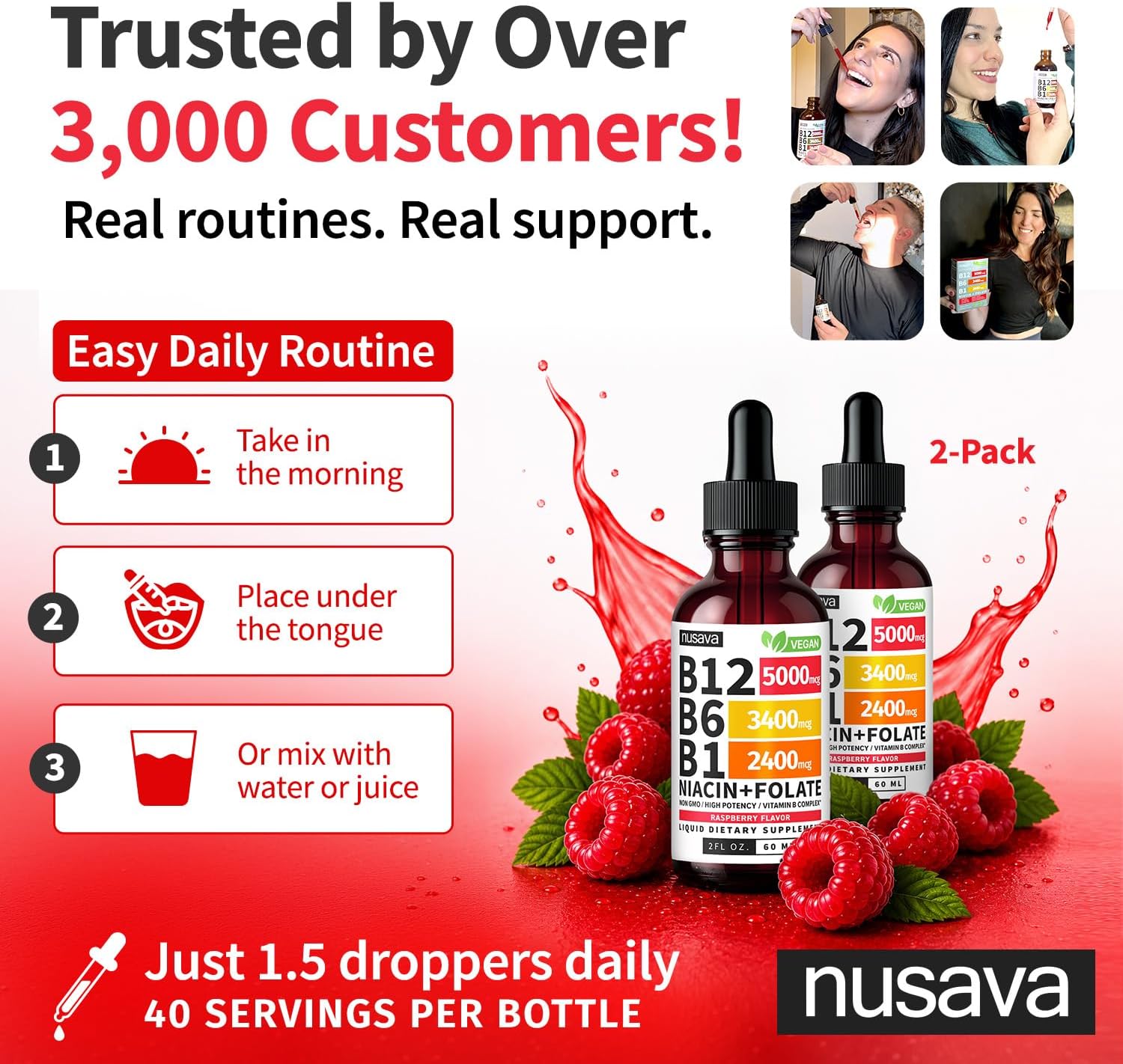 NUSAVA (2 Pack) Vitamin B12 Liquid Drops with B6, B1, Niacin & Folate — B12 Sublingual Vitamin B Complex, Methylcobalamin 5000 mcg, for Energy, Brain & Heart Support, Raspberry Flavour, 80 Servings - görsel 7