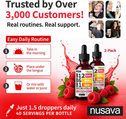 NUSAVA (2 Pack) Vitamin B12 Liquid Drops with B6, B1, Niacin & Folate — B12 Sublingual Vitamin B Complex, Methylcobalamin 5000 mcg, for Energy, Brain & Heart Support, Raspberry Flavour, 80 Servings