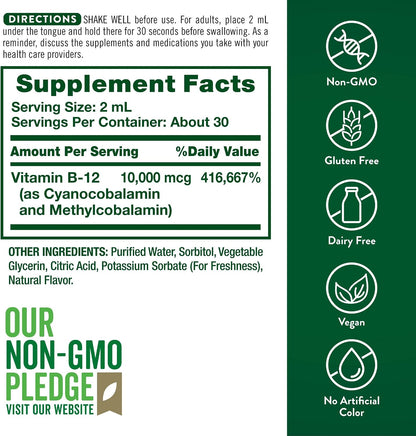 Nature's Truth B12 Sublingual Liquid Drops | 10,000 mcg | 60 mL | Vegan, Non-GM & Gluten free