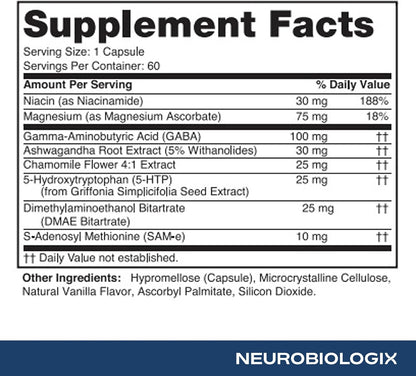 Neurobiologix Mood Plus – Mood & Stress Support with GABA, 5-HTP, Ashwagandha, Magnesium & Chamomile (60 Capsules)
