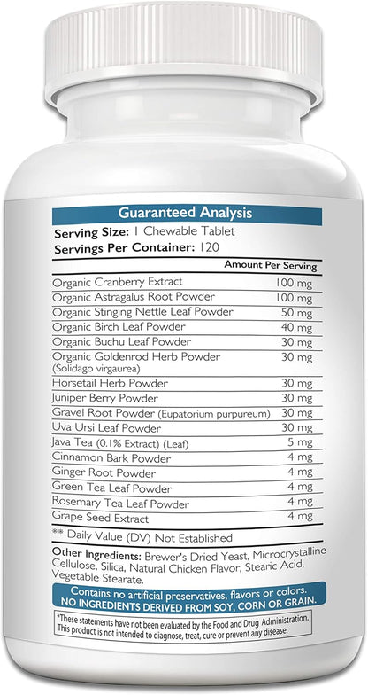 Kidney Support for Dogs - Renal, Bladder and Urinary Tract Health Supplement with Organic Cranberry and Astragalus, 120 Chewable Tablets