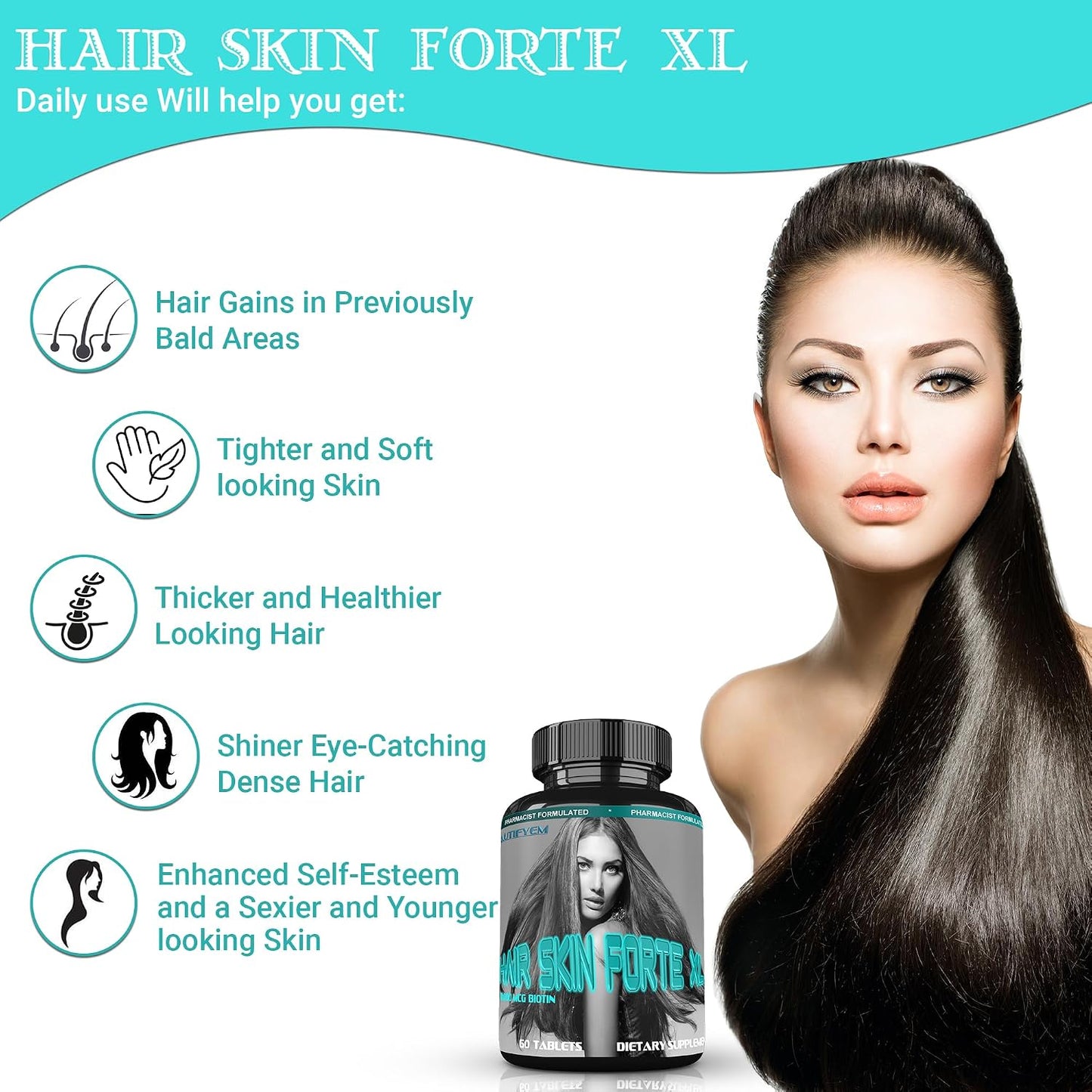 Hair Skin Forte XL Hair & Skin Growth Complex 10,000 mcg Biotin + Collagen Peptides - 60 Tablets - görsel 2