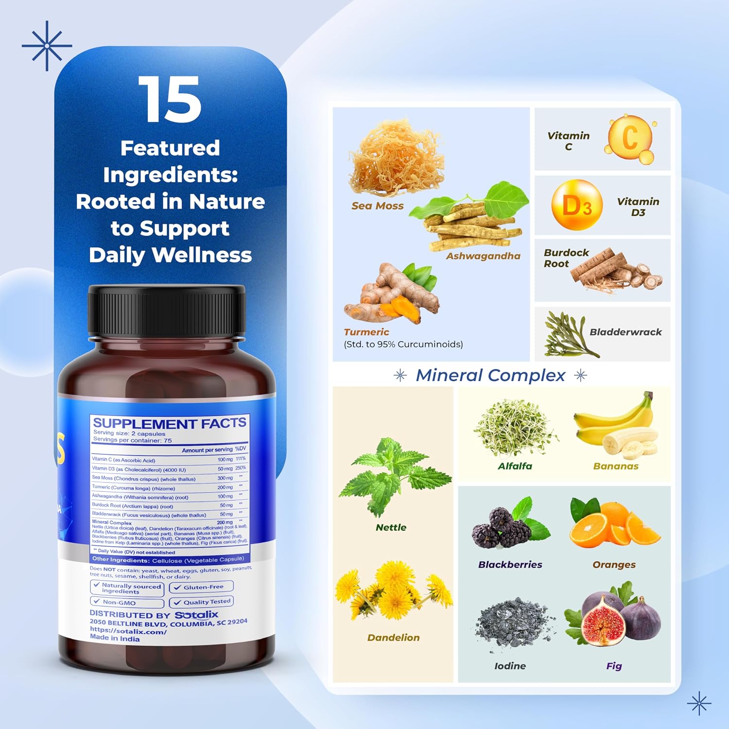 Sotalix Sea Moss Capsule with Ashwagandha, Burdock Root, Bladderwrack, Turmeric - 150 Count - görsel 4