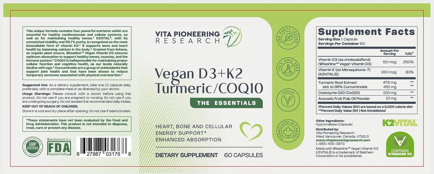 Vita Pioneering Research 5-in-1 Vitamin D3 2000IU + K2 MK-7 with Turmeric & CoQ10 - Enhanced Absorption with Avocado Powder - görsel 5