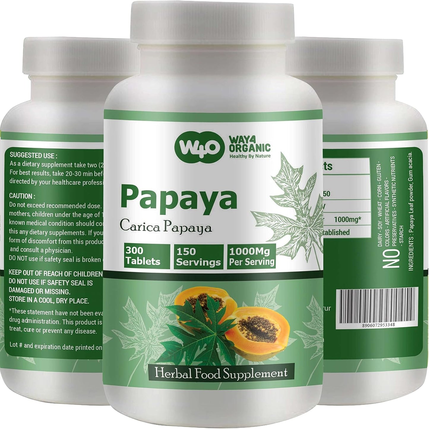 WAY 4 ORGANIC W4O Papaya Leaf Extract Tablets - 1000 mg, 300 Count (150 Servings) - Supports Digestion and Immunity - görsel 2