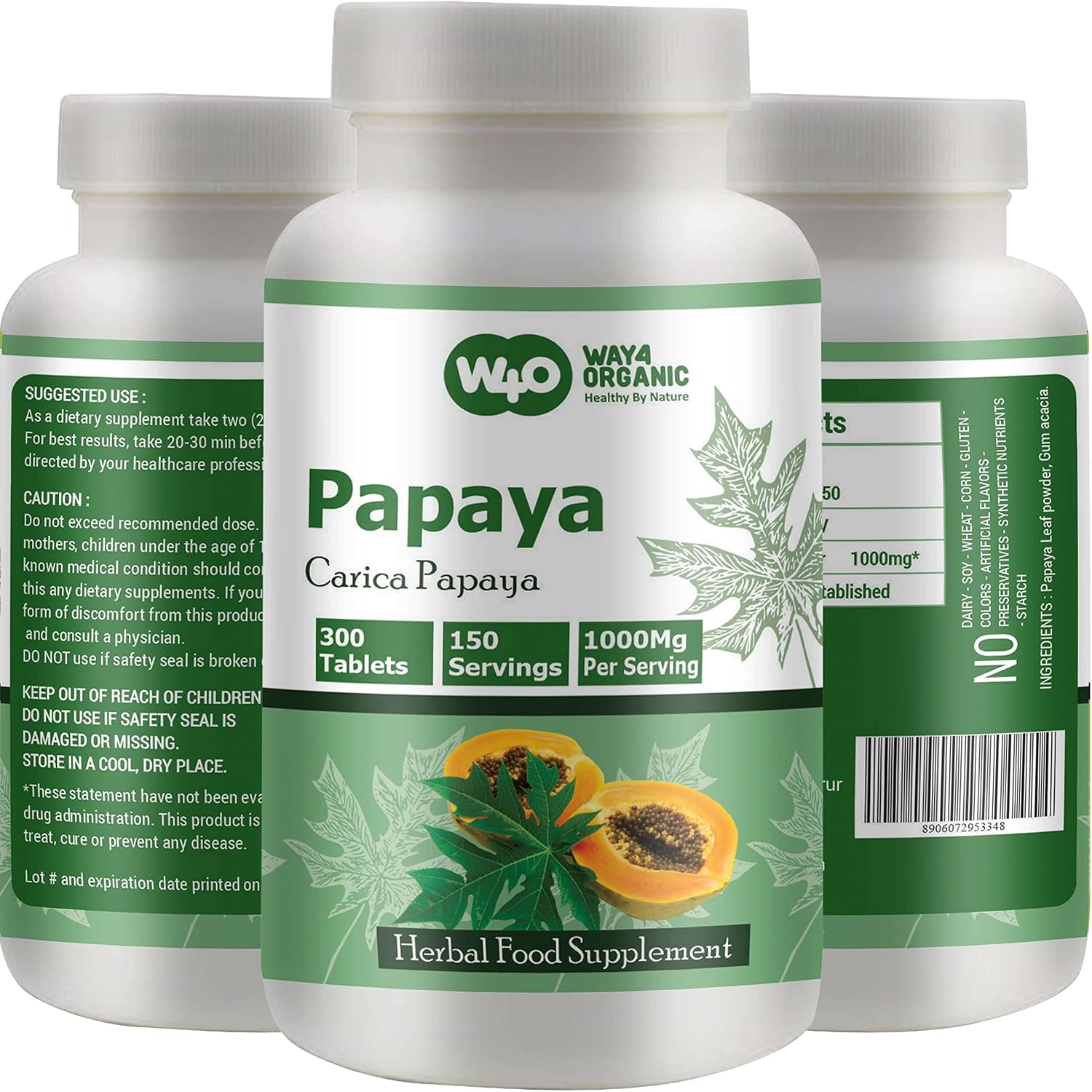 WAY 4 ORGANIC W4O Papaya Leaf Extract Tablets - 1000 mg, 300 Count (150 Servings) - Supports Digestion and Immunity - görsel 2