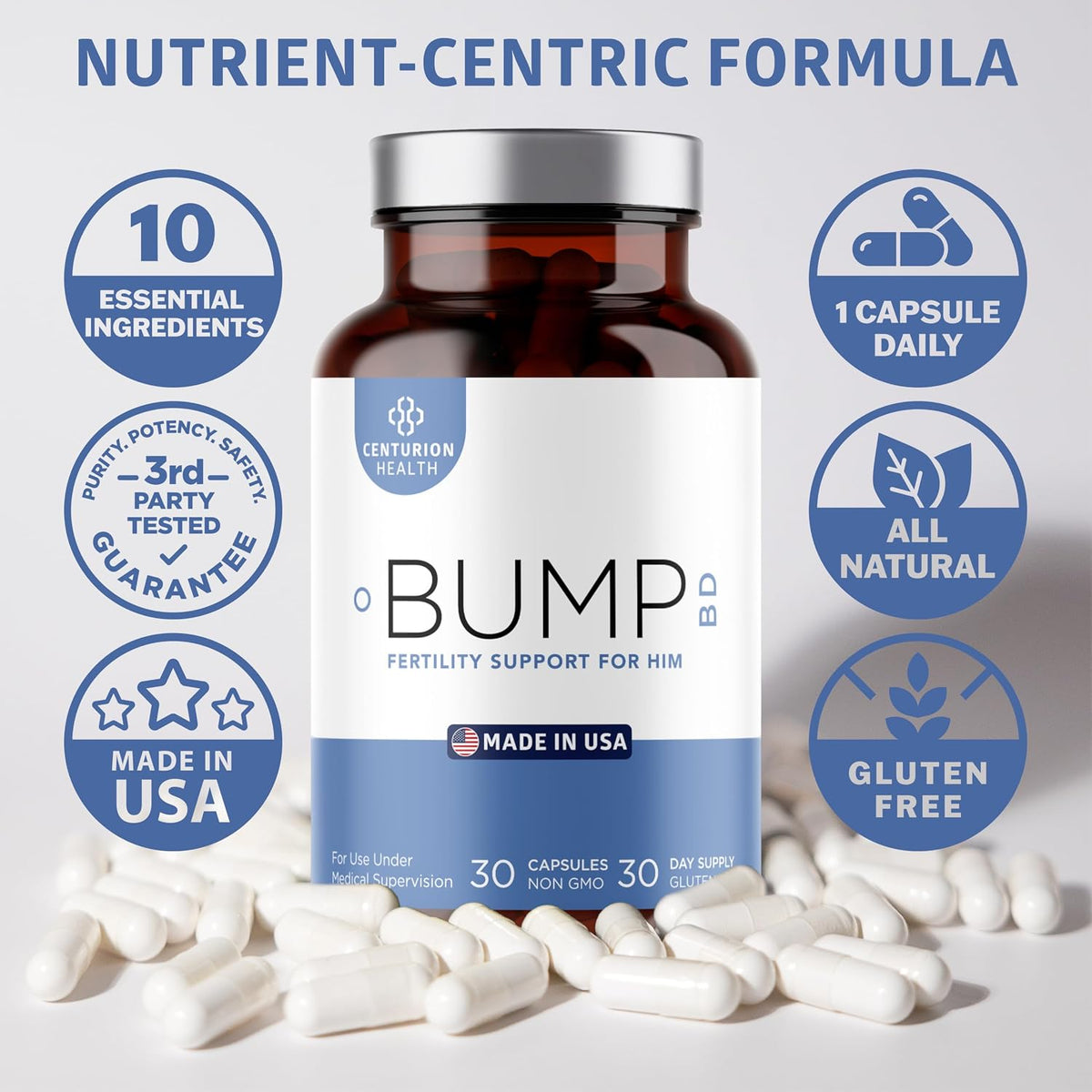 Centurion Health Bump BD – Natural Fertility Supplement for Men with Selenium, CoQ10, L-Methylfolate, Folinic Acid, DHA + – Image 7