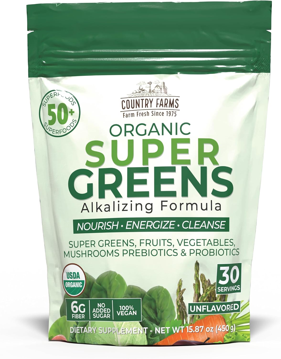 Country Farms Super Greens Natural Flavour – Organic Superfood Powder with Fibre, Mushrooms & Probiotics (60 Servings, 900g) - görsel 8