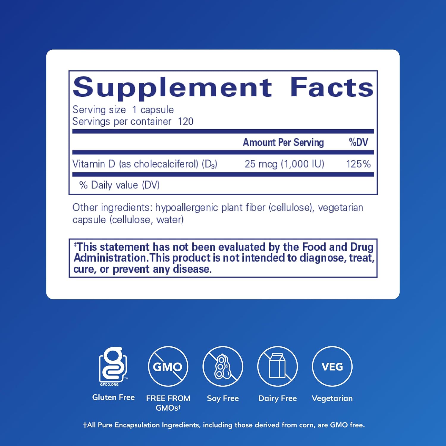 Pure Encapsulations Vitamin D3 25 mcg (1,000 IU) - 120 Capsules - görsel 2
