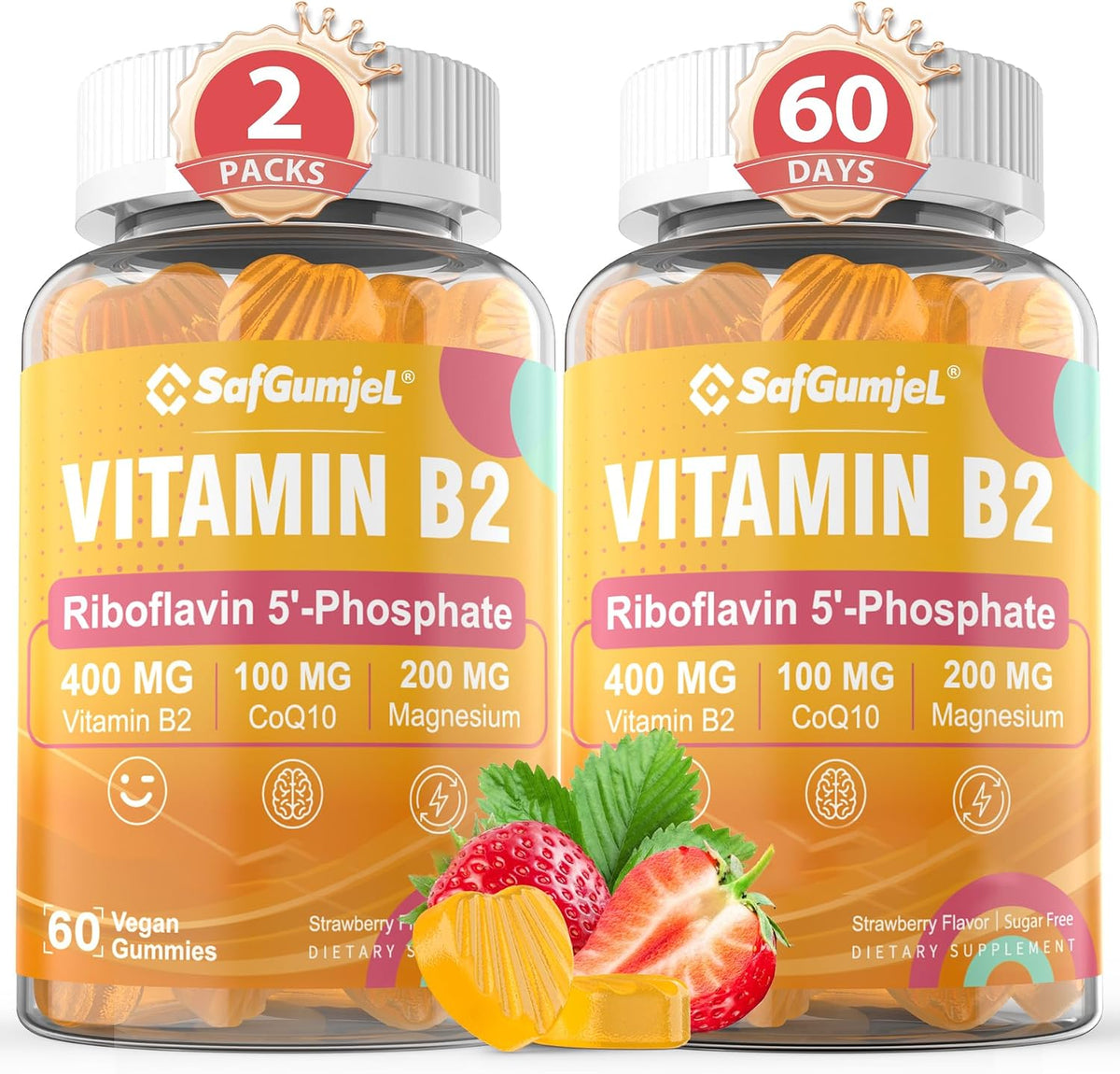 Vitamin B2 Gummies | Riboflavin 400mg with Magnesium & CoQ10 | Sugar-free, Vegan, Strawberry Flavour, 60 Count – Image 9