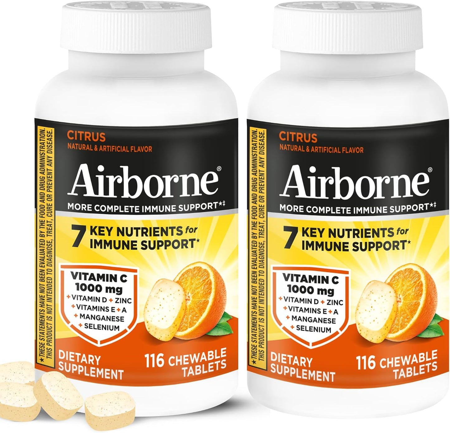 Airborne 1000mg Vitamin C + Zinc Immune Support Chewable Tablets, Citrus Flavour (116 Count) - görsel 1