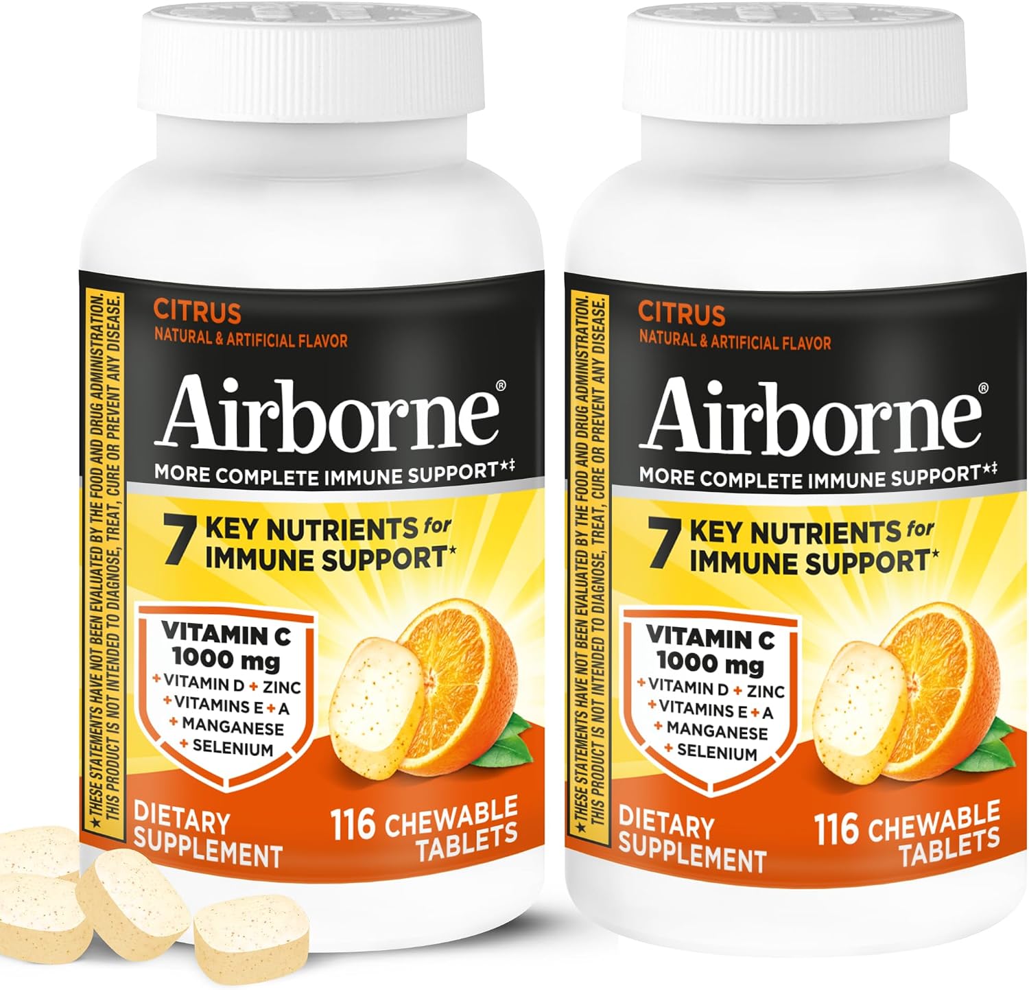 Airborne 1000mg Vitamin C + Zinc Immune Support Chewable Tablets, Citrus Flavour (116 Count) - görsel 1