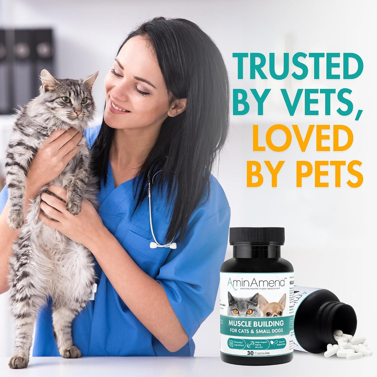 AminAmend Muscle Support Pet Supplement for Small Dogs and Cats with CaHMB and Vitamin D3 – 30 Capsules – Image 3