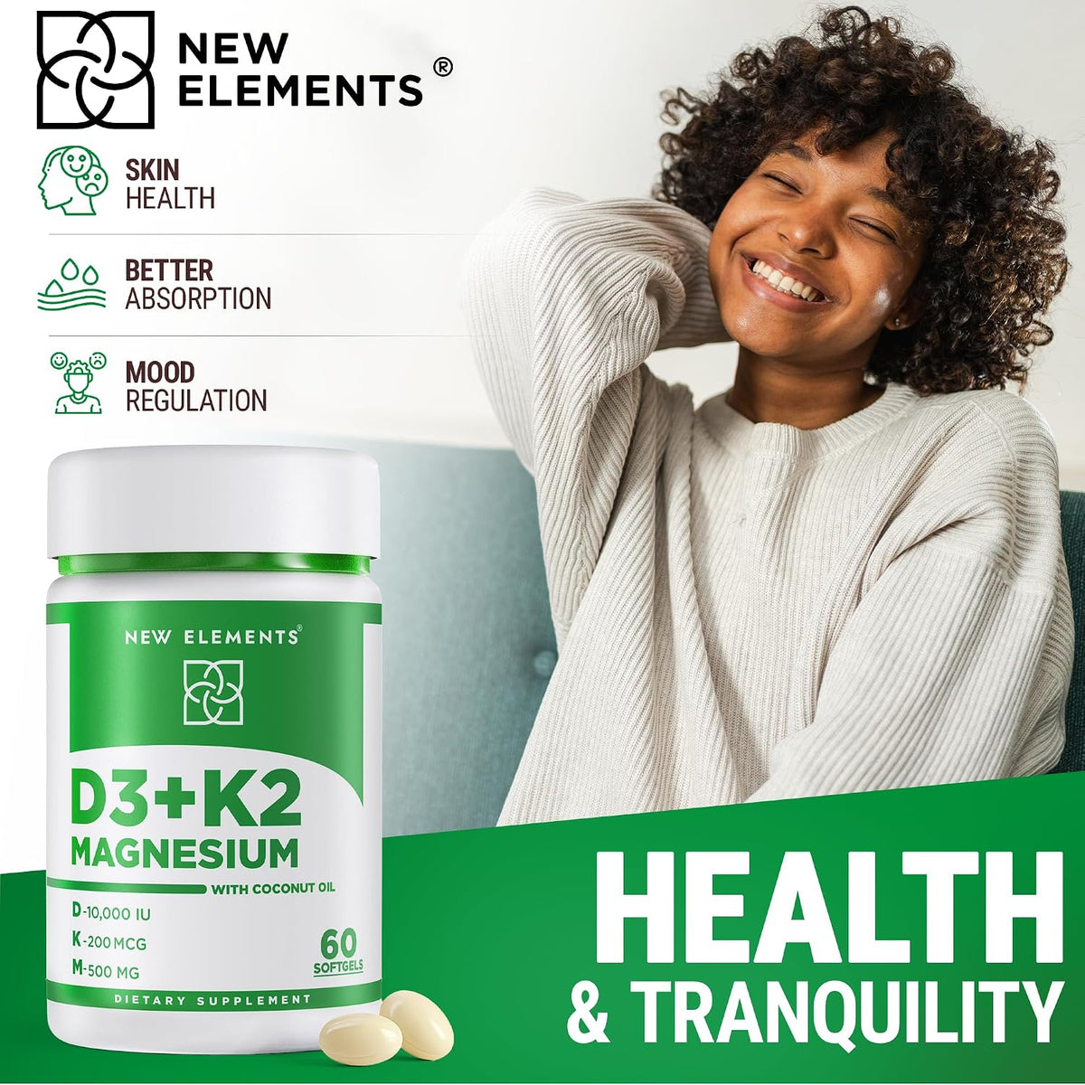 New Elements Vitamin D3 K2 10,000 IU with – Heart Health: By keeping calcium out of arteries and in bones, K2 – Image 6