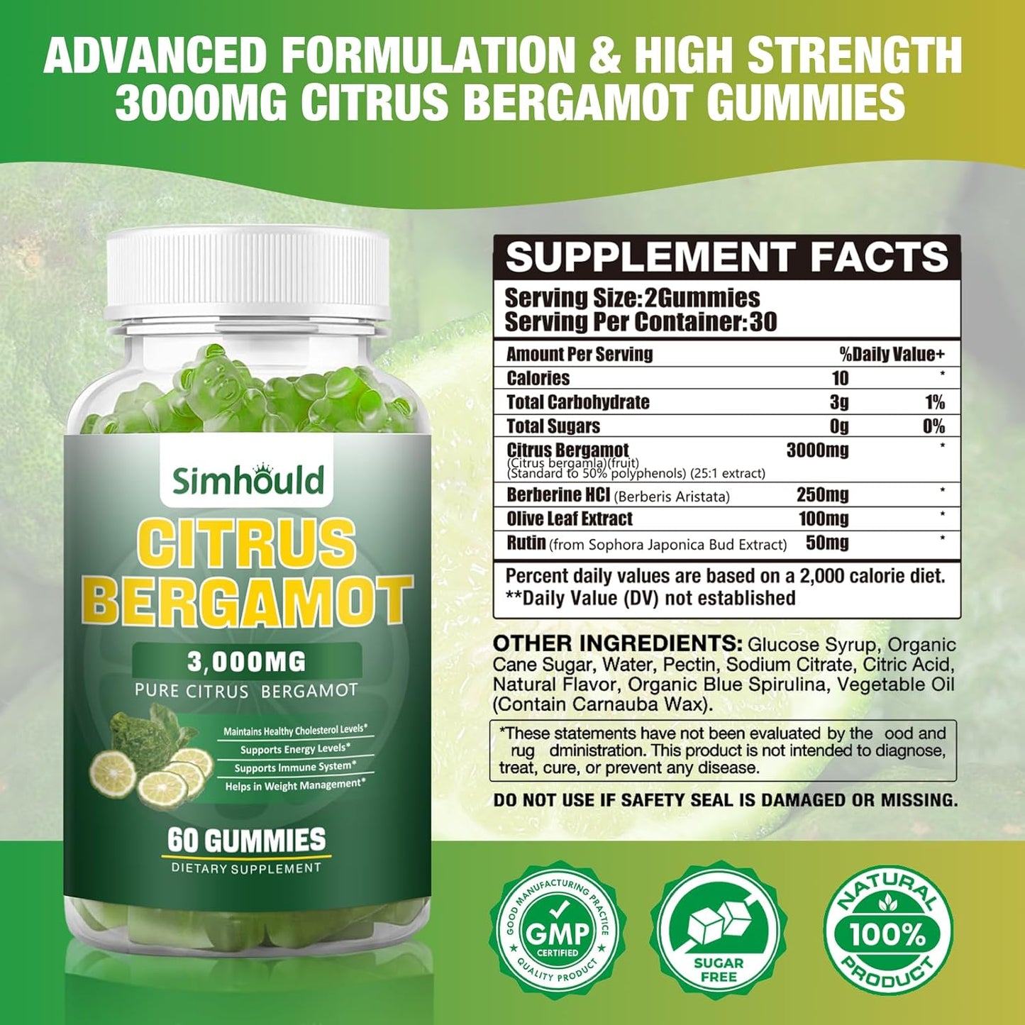 Citrus Bergamot Gummies 3000mg – Cholesterol & Immune Support Supplement, Vegan, Lime Flavour (60 Count) - görsel 2