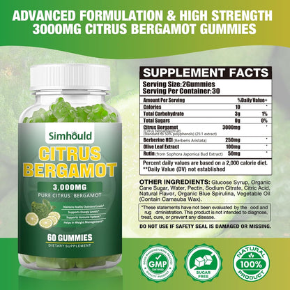 Citrus Bergamot Gummies 3000mg – Cholesterol & Immune Support Supplement, Vegan, Lime Flavour (60 Count)