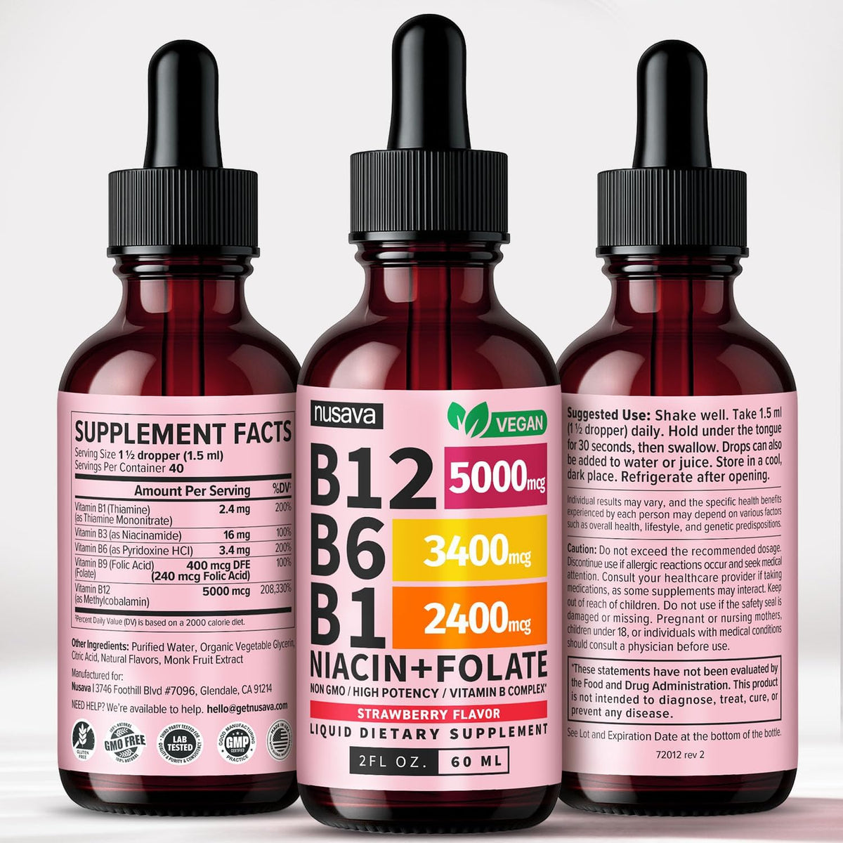 NUSAVA Vitamin B12 Liquid Drops 5000mcg - B-Complex with B6 and B1 - Sublingual Methylcobalamin, Vegan, Non-GM, Strawberry – Image 9
